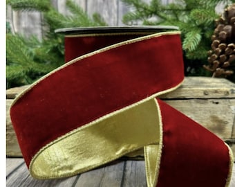 Vintage Red & Gold Velvet Ribbon, Christmas Ribbon