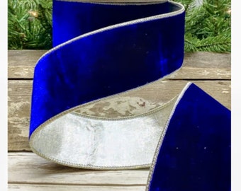 SALE: Cobalt Blue Luxe Velvet Ribbon w/Metallic Silver Trim, Designer Velvet Ribbon
