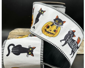 Halloween Ribbon, Vintage Icons of Black Cats and Pumpkins