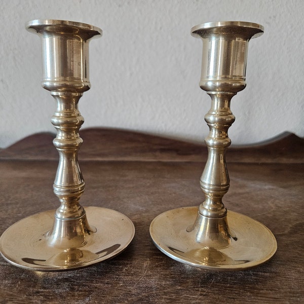 Pair of 4.5" Vintage Brass Candlestick Holders, Made in Hong Kong