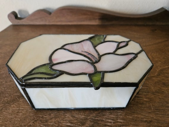 Vintage Stained Glass Jewelry, Trinket Box with M… - image 3