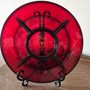 Vintage Cristal D'Arques-Durand Glass Ruby Divided Dish, Platter