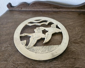 Vintage Large Brass Trivet with Flying Geese Design