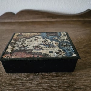 Vintage Bakelite Cigarette Box with Hinged Metal Lid, Map Design