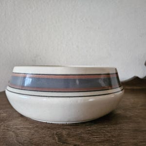 May include: A white ceramic bowl with a wide, low profile. The bowl features a horizontal band of gray, rust, and black stripes around the center. The bowl is set on a dark wooden surface.