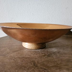 Vintage Copper Pedestal Bowl with Wood Base, Etched Floral Design