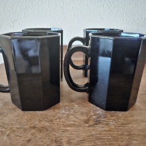 Set of Four Arcoroc France Octime Black Glass Octagonal Mugs