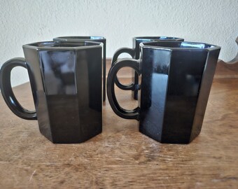 Set of Four Arcoroc France Octime Black Glass Octagonal Mugs
