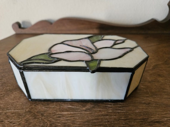 Vintage Stained Glass Jewelry, Trinket Box with M… - image 8