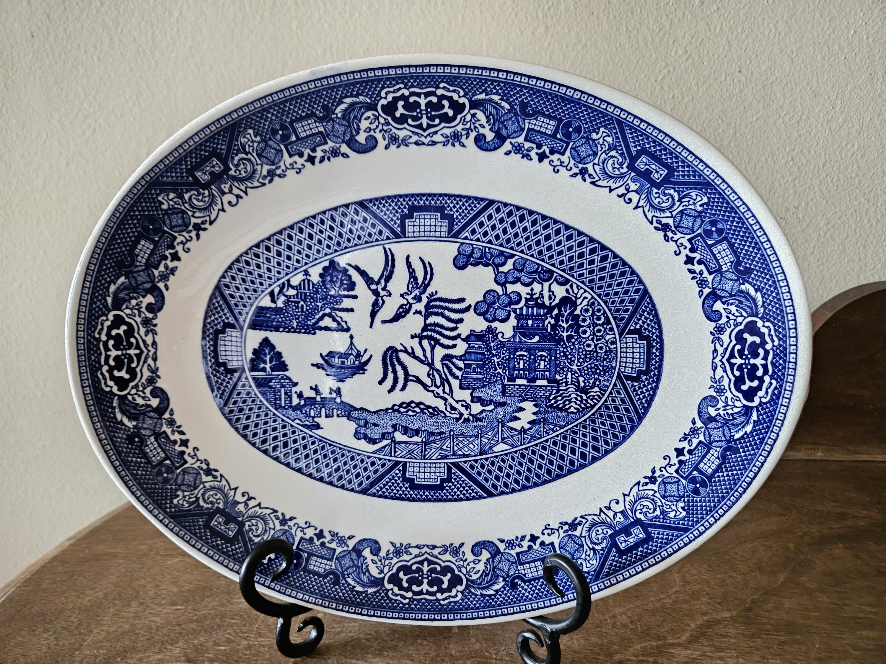 Plat ovale fleurs bleues vintage moulin des Loups orchies France sous