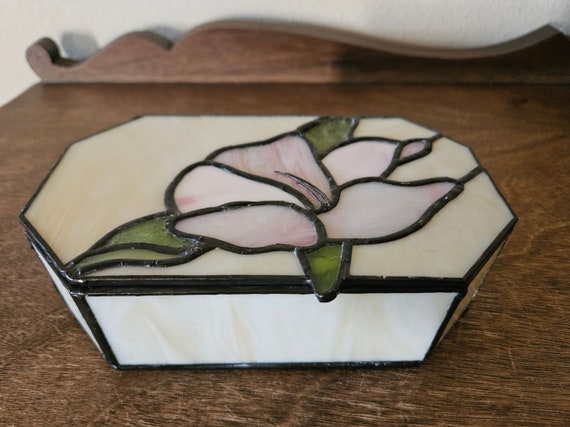 Vintage Stained Glass Jewelry, Trinket Box with M… - image 2