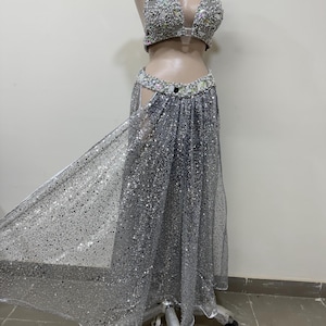 May include: A silver sequined skirt with a high slit and a matching silver beaded bra top. The skirt has a fitted waist and a flowing, sheer skirt.