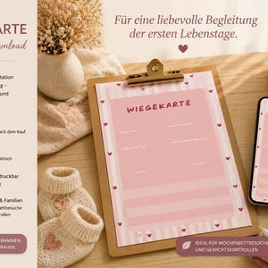 May include: A pink weighing card template with a striped pattern and small heart icons, displayed on a wooden clipboard and a smartphone screen. The text WIEGEKARTE is printed at the top of the card, which includes fields for name, date, and weight.