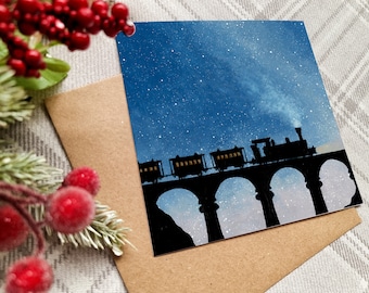 Pack of 10 Christmas Train Galaxy Christmas Cards /  Original Card Design /  Galaxy Watercolour Art