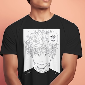 Peut inclure: Un t-shirt noir avec un imprimé graphique blanc d'un personnage de manga avec le texte "NAH, I'D WIN."