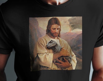 Jesus and Velociraptor T-Shirt: Funny Christian Dinosaur Tee