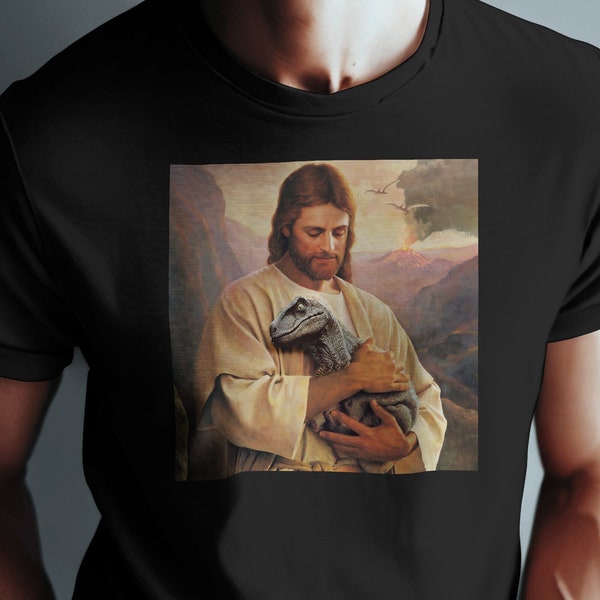 Jesus and Velociraptor T-Shirt, Hilarious, Christian, Dinosaur Tee, Soft,Comfortable ,Crew Neck, Shirt, Ethically, Made with US Cotton,faith