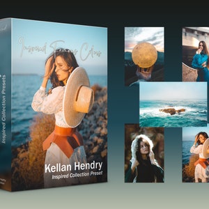 Puede incluir: Una caja de ajustes preestablecidos de fotografía con el texto "Kellan Hendry Inspired Collection Presets" e "Inspired Famous Colors" en la parte delantera. La caja presenta a una mujer con un vestido blanco y un gran sombrero de paja, de pie en una playa.