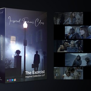 May include: A box for a digital product called "The Exorcist" Inspired Collection LUT. The box features a dark, moody image of a man in a hat walking down a foggy street with a streetlight in the background. The text "Inspired Famous Colors" is written in cursive at the top of the box.