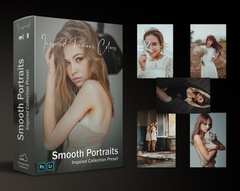 May include: A product box labelled "Smooth Portraits" with the text "Inspired Famous Colors." The box features a portrait of a woman and several smaller images. The product is a photography collection preset for Photoshop and Lightroom.