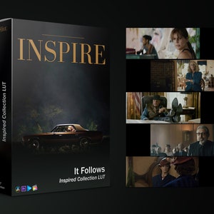 May include: A box with a black and white image of a car driving through a forest. The box is labeled "INSPIRE It Follows Inspired Collection LUT".