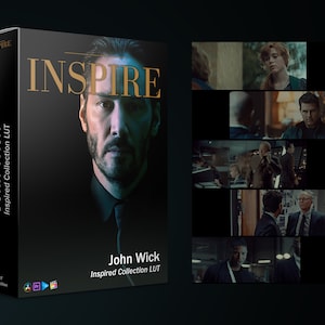 May include: A black box with the text "INSPIRE" in gold letters. The box has a picture of Keanu Reeves on the front and the text "John Wick Inspired Collection LUT" in gold letters. The box is for a collection of color grading presets for video editing.