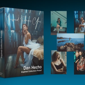 May include: A box of photography presets called "Dan Hecho Inspired Collection Preset" with a woman in a white dress on the front of the box. The box is blue and has the text "Inspired Famous Colors" on the front.