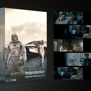 May include: A box for a collection of film inspired LUTs, featuring a scene from the movie Interstellar. The box is silver with a blue and white image of a space explorer standing in front of a spaceship. The text "Interstellar Inspired Collection LUT" is printed on the box.