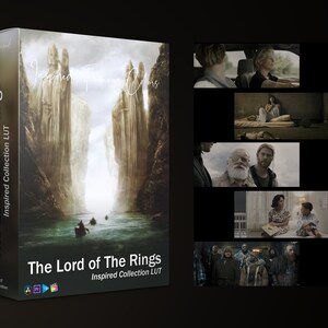 May include: A box for a collection of digital LUTs inspired by the movie "The Lord of the Rings". The box features a fantasy landscape with three tall figures standing in the distance. The text "The Lord of the Rings Inspired Collection LUT" is printed on the box.