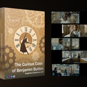May include: A box for a digital product called "The Curious Case of Benjamin Button Inspired Collection LUT". The box has a brown and gold design with a clock face and gears. The text "Inspired Famous Colors" is on the box.