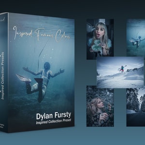 May include: A box of Lightroom presets for photographers, featuring the text "Inspired Famous Colors" and "Dylan Fursty Inspired Collection Preset". The box shows a variety of images, including a person underwater, a person snowboarding, a person in a forest, and a person holding a teacup.