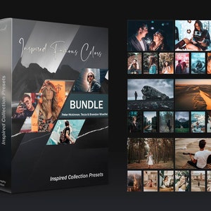 May include: A box of photography presets called "Inspired Famous Colors" with a black and white design. The box features a collection of images showcasing the presets' effects. The text "BUNDLE" is prominently displayed on the box.