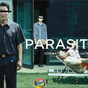 May include: A movie poster for the film Parasite, featuring a group of people in a backyard setting. The title "Parasite" is written in large white letters across the top of the poster. The text "Cinematic Presets & Luts Inspired Collection" is written below the title.