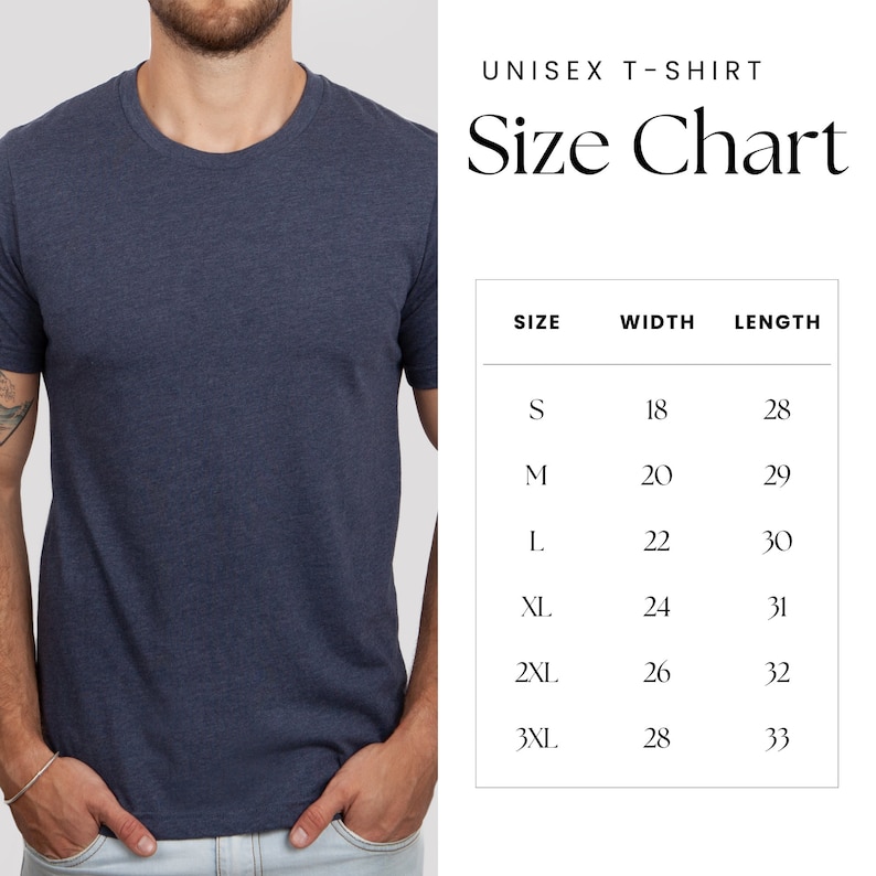 May include: A navy blue unisex t-shirt with a crew neck. The image includes a size chart with measurements in inches: S (18" width, 28" length), M (20" width, 29" length), L (22" width, 30" length), XL (24" width, 31" length), 2XL (26" width, 32" length), and 3XL (28" width, 33" length).