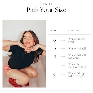 May include: Size chart showing how different sizes of clothing fit. The chart shows the size, XS, S, M, L, and XL, and the corresponding fit, Women's Extra Small, Women's Small, Women's Small to Medium, Women's Medium to Large, and Women's Large to Extra Large.