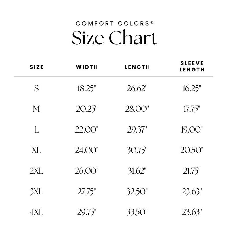 May include: Size chart for t-shirts with measurements in inches for width, length, and sleeve length. Sizes range from S to 4XL.