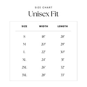 May include: Size chart for unisex clothing with measurements in inches. The chart shows sizes S through 3XL with corresponding width and length measurements.