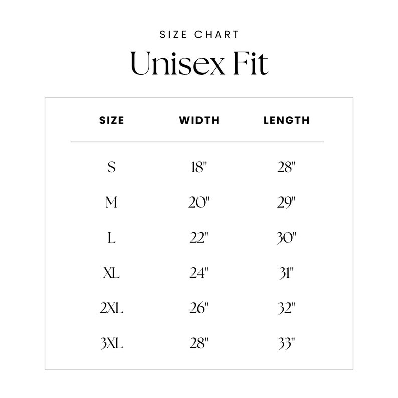 May include: Size chart for unisex clothing with measurements in inches. The chart shows sizes S through 3XL with corresponding width and length measurements.