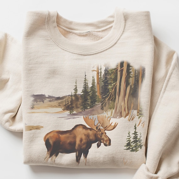Retro Moose Crewneck, 90s Aesthetic Wildlife Sweatshirt, Vintage Style Winter Scene Pullover, Mountain Nature Sweater, Womens Outdoorsy Gift