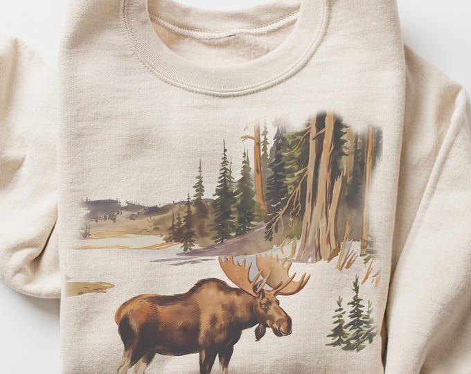 Retro Moose Crewneck, 90s Aesthetic Wildlife Sweatshirt, Vintage Style Winter Scene Pullover, Mountain Nature Sweater, Womens Outdoorsy Gift