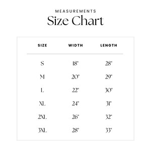 May include: Size chart for clothing with measurements in inches. The chart shows sizes S through 3XL with corresponding width and length measurements.