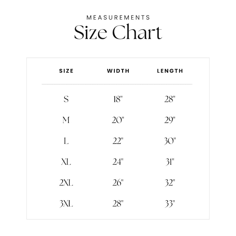 May include: Size chart for clothing with measurements in inches. The chart shows sizes S through 3XL with corresponding width and length measurements.