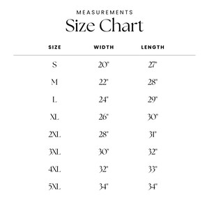 May include: Size chart for clothing with measurements in inches. The chart shows sizes from S to 5XL with corresponding width and length measurements.