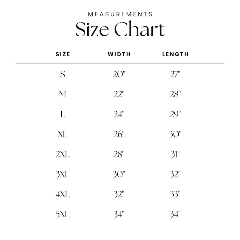 May include: Size chart for clothing with measurements in inches. The chart shows sizes from S to 5XL with corresponding width and length measurements.