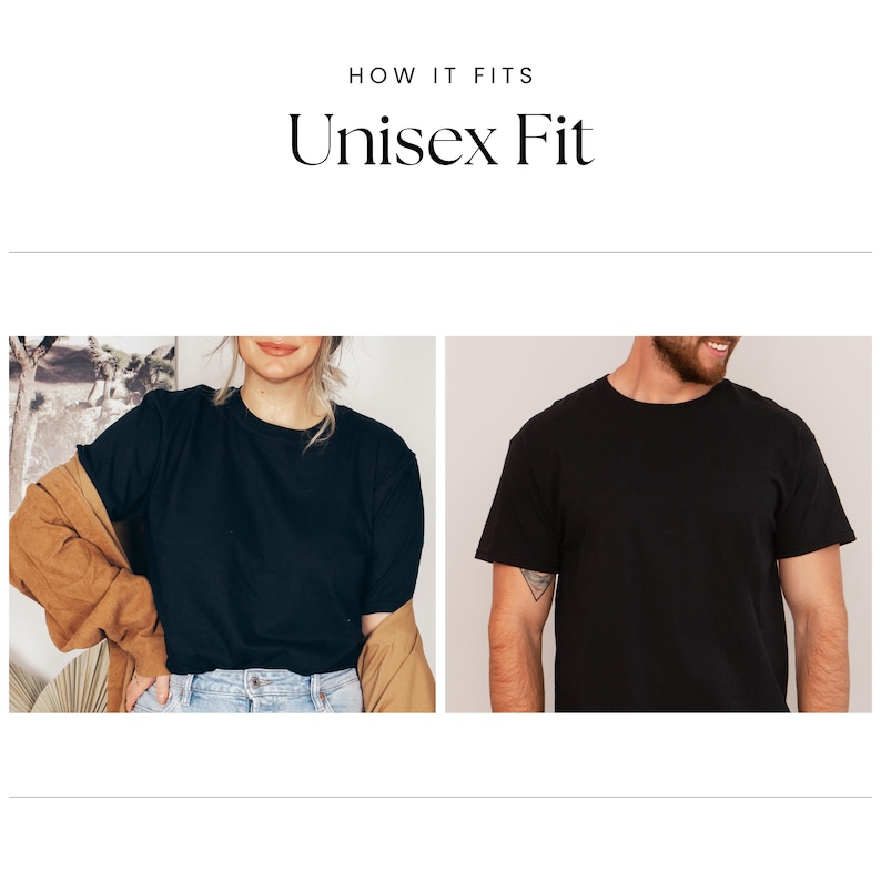 K&ouml;nnte beinhalten: Zwei Personen tragen schwarze T-Shirts, eine Person tr&auml;gt eine braune Jacke, die andere Person hat ein Tattoo am Arm. Der Text "Unisex Fit" wird &uuml;ber dem Bild angezeigt.
