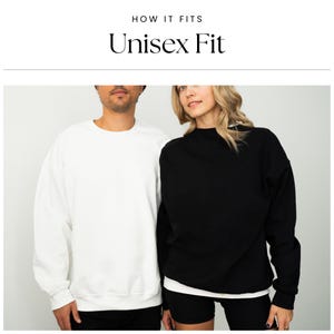 May include: A white and a black Unisex Fit sweatshirt. The white sweatshirt is worn by a person on the left, and the black sweatshirt is worn by a person on the right. The text "HOW IT FITS" and "Unisex Fit" are at the top of the image.