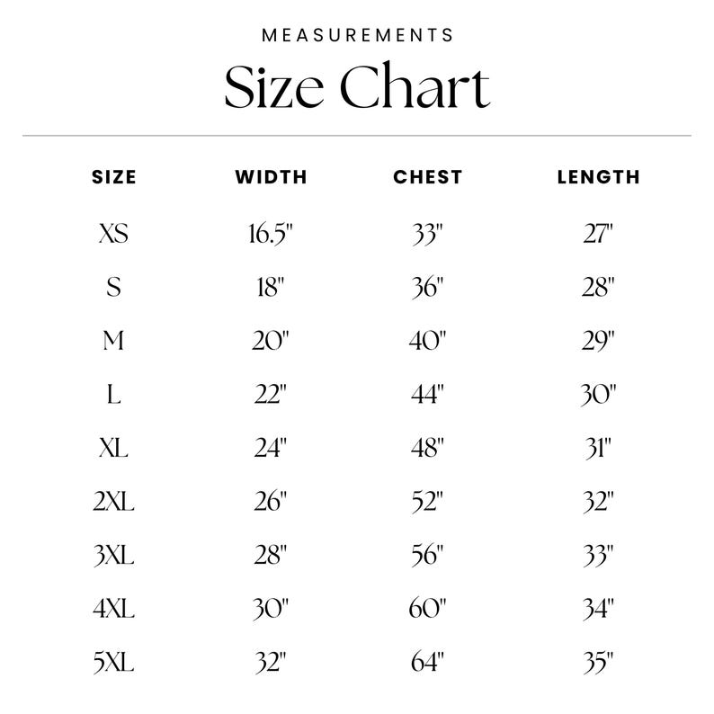 Puede incluir: Tabla de tallas para ropa con medidas en pulgadas para ancho, pecho y largo. Las tallas incluyen XS, S, M, L, XL, 2XL, 3XL, 4XL y 5XL.