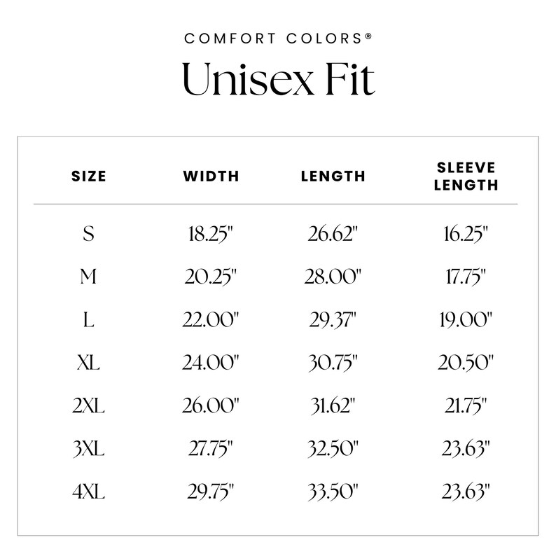 May include: Unisex size chart showing width, length, and sleeve length measurements in inches for sizes S through 4XL.