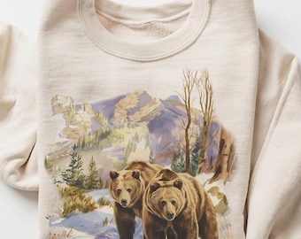 Retro Grizzly Bear Sweatshirt, Winter Wilderness Animal Sweatshirt, Mountain 90s Style Wildlife Graphic Sweatshirt Womens Oversized Crewneck