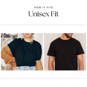 May include: Two people wearing black t-shirts, one person is wearing blue jeans and the other is wearing brown trousers. The text "Unisex Fit" is displayed above the image.
